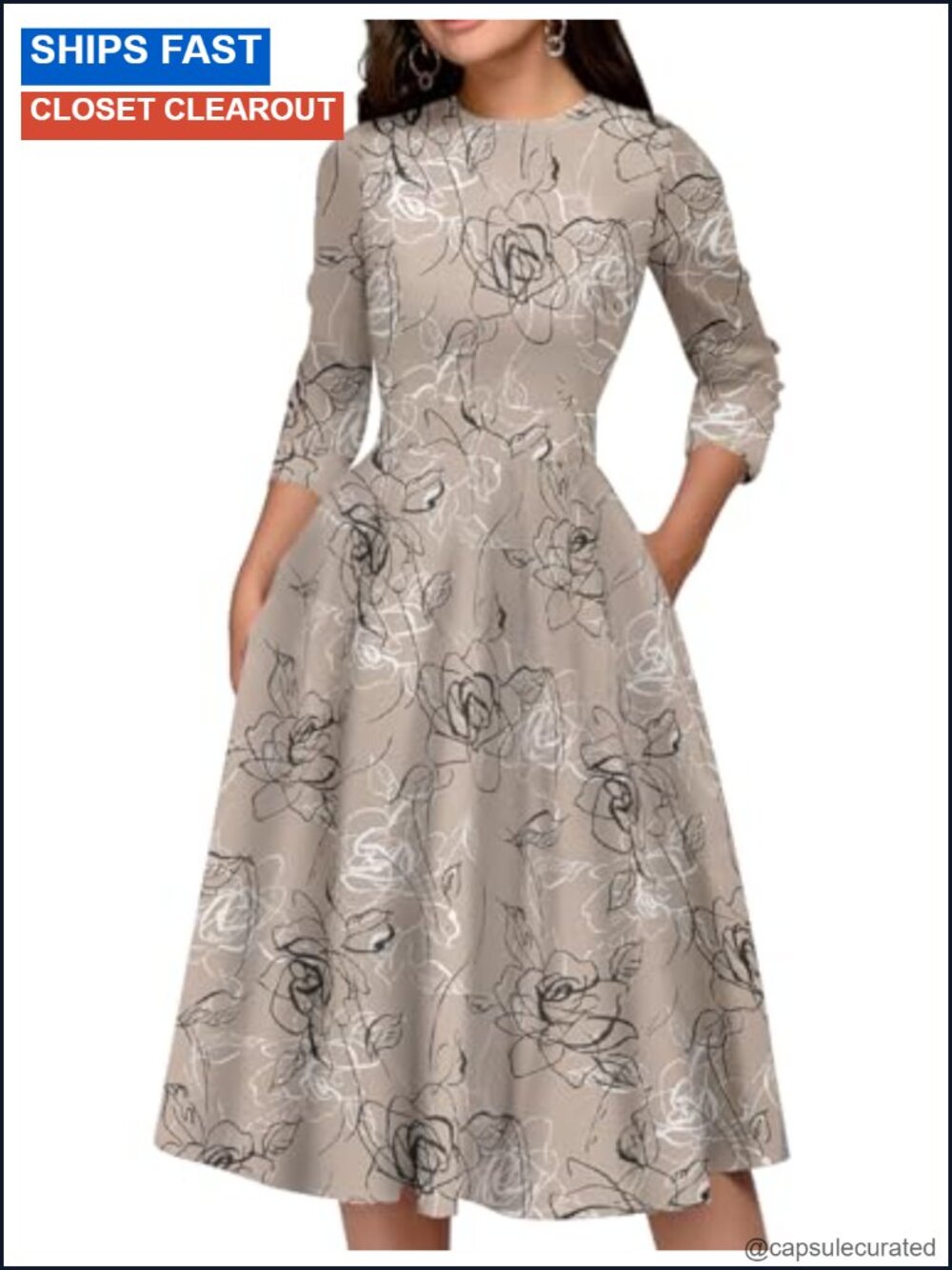 Floral Midi Dress 3/4 Sleeve Round Neck Back Zipper 100% Polyester